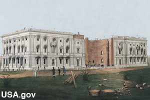 A painting showing the destroyed Capitol Building during the War of 1812