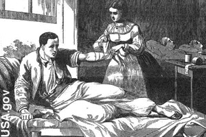 Drawing of a nurse and patient <br>during the Civil War