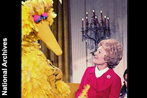 Pat Nixon with Big Bird in 1969