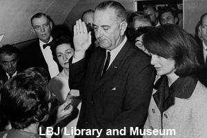 Johnson being sworn in as President<br> after the assassination of John Kennedy