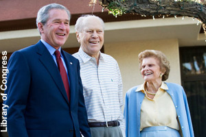 Ford, age 93, with President Bush <br>and Betty Ford