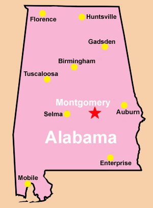 Alabama, its capital (red star), and other major cities