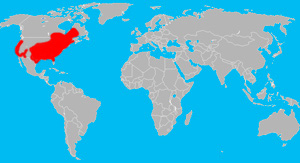Habitat (in red) of the American bullfrog