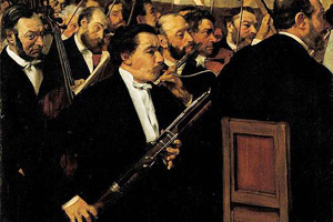Painting by Degas showing a man playing a bassoon